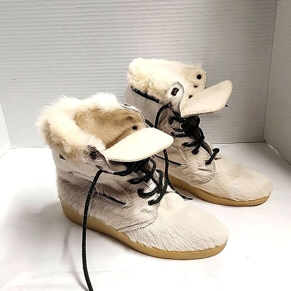 Garden Sport vintage white animal fur tie up women's boots sz 8 made in Italy - Picture 1 of 11